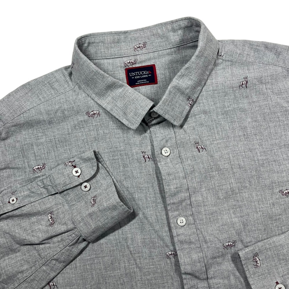 UNTUCKit Pastora Button Down Mens 3XL Grey Elk Animal Print Cotton Shirt 40239